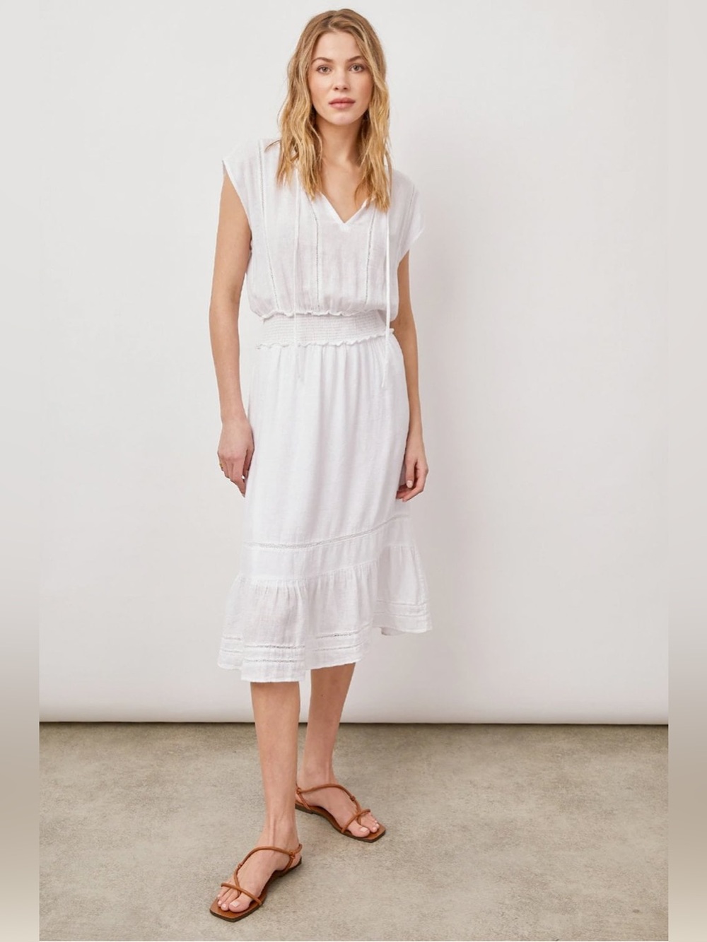 Rails Anthropologie Ashlyn Cool White Linen Sleeveless Tie Collar Midi Dress L - Picture 2 of 16